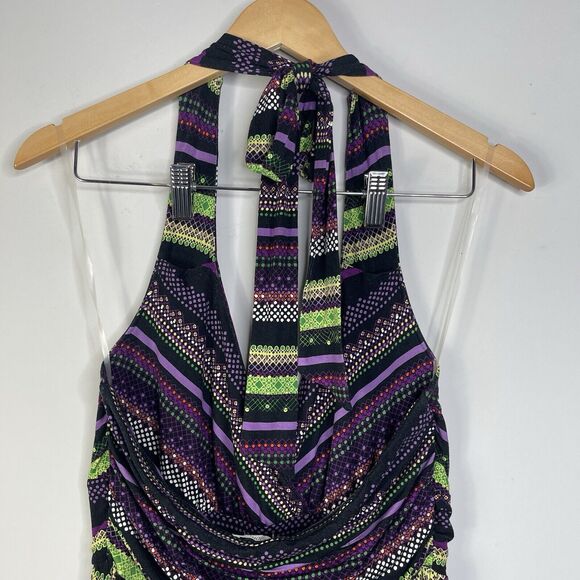 Soma Size M Halter Dress Black Purple Multi Chevron Sundress Stretch Soft Midi - Picture 3 of 8